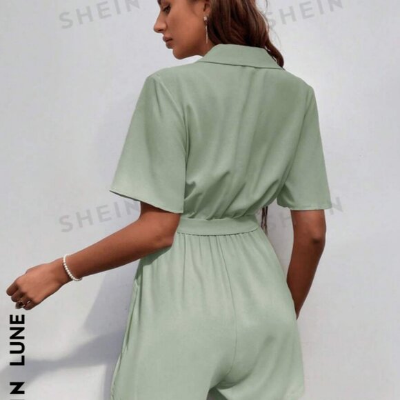 NWOT SHEIN LUNE Lapel Neck Belted Shirt Romper in Mint Green size L - Picture 7 of 9
